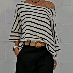 Multicolor Casual Women's Striped Batwing Sleeve Asymmetrical Neck T-Shirt